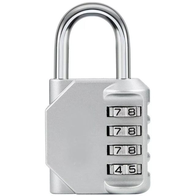 A silver portable waterproof  keyless padlock with a 4-digit combination lock from GorillaLock