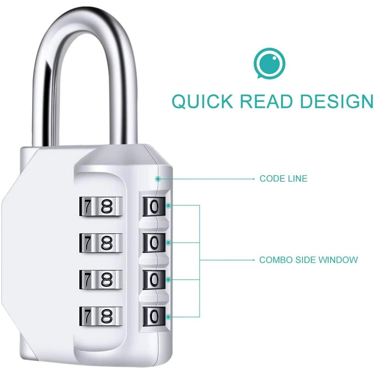 Silver GorillaLock Portable Waterproof Keyless 4-Digit Combination Padlock showing its combo side window feature for easy reading