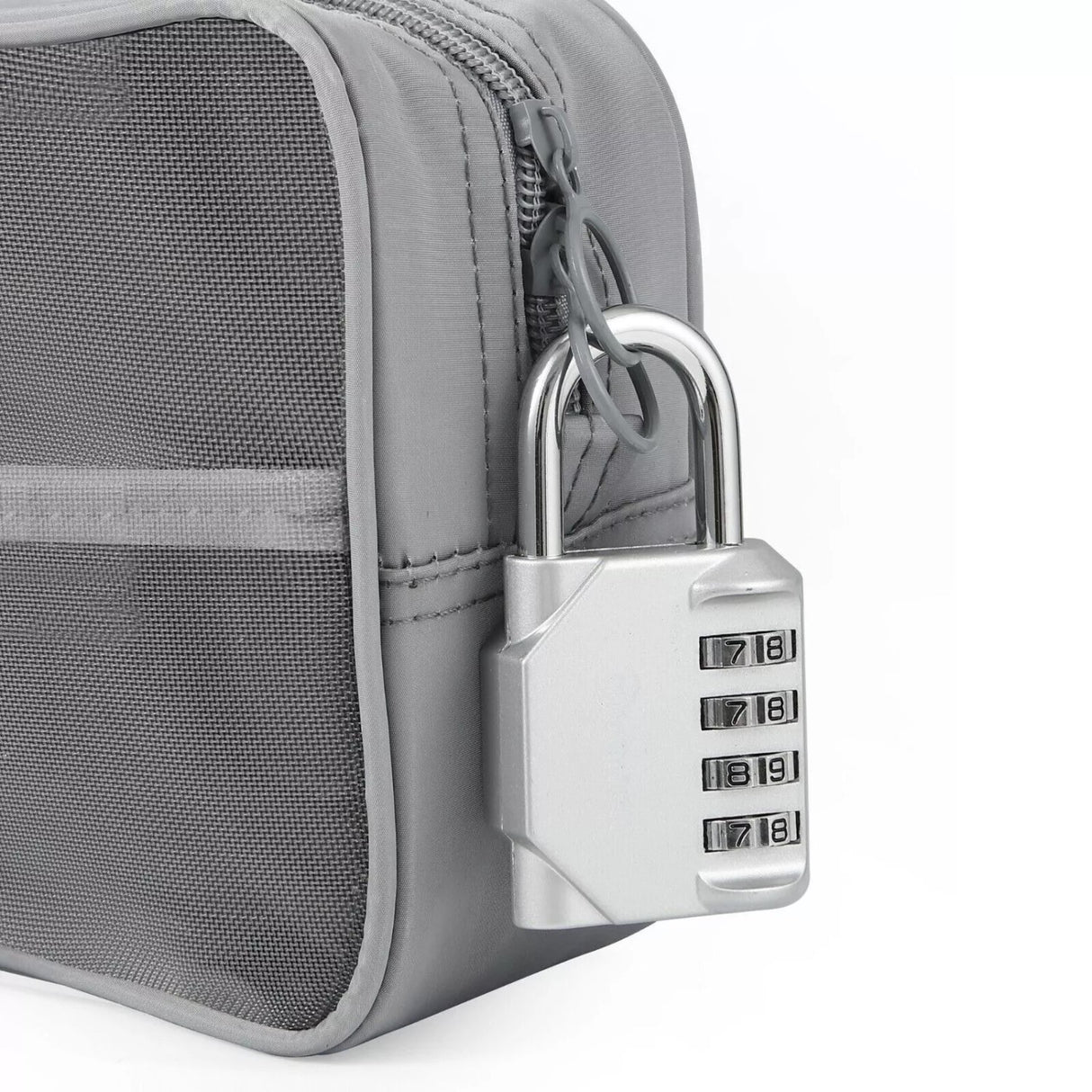 Silver GorillaLock Portable Waterproof Keyless 4-Digit Combination Padlock locked in zipped pouch