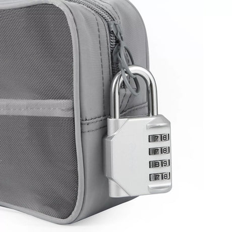 Silver GorillaLock Portable Waterproof Keyless 4-Digit Combination Padlock locked in zipped pouch