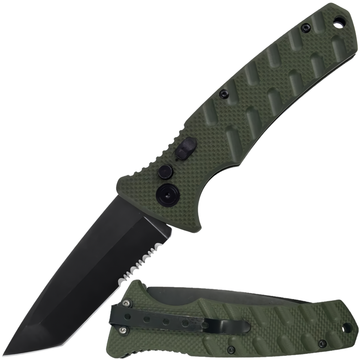 A Spring Assisted Automatic OTS Pocket Tanto Knife with a 3.5 inch blade, with green textured handle both in folded and open state