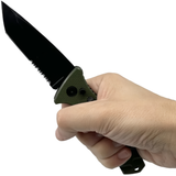 A hand holding a green handle with 3.5" blade Spring Assisted Automatic OTS Pocket Tanto Knife 