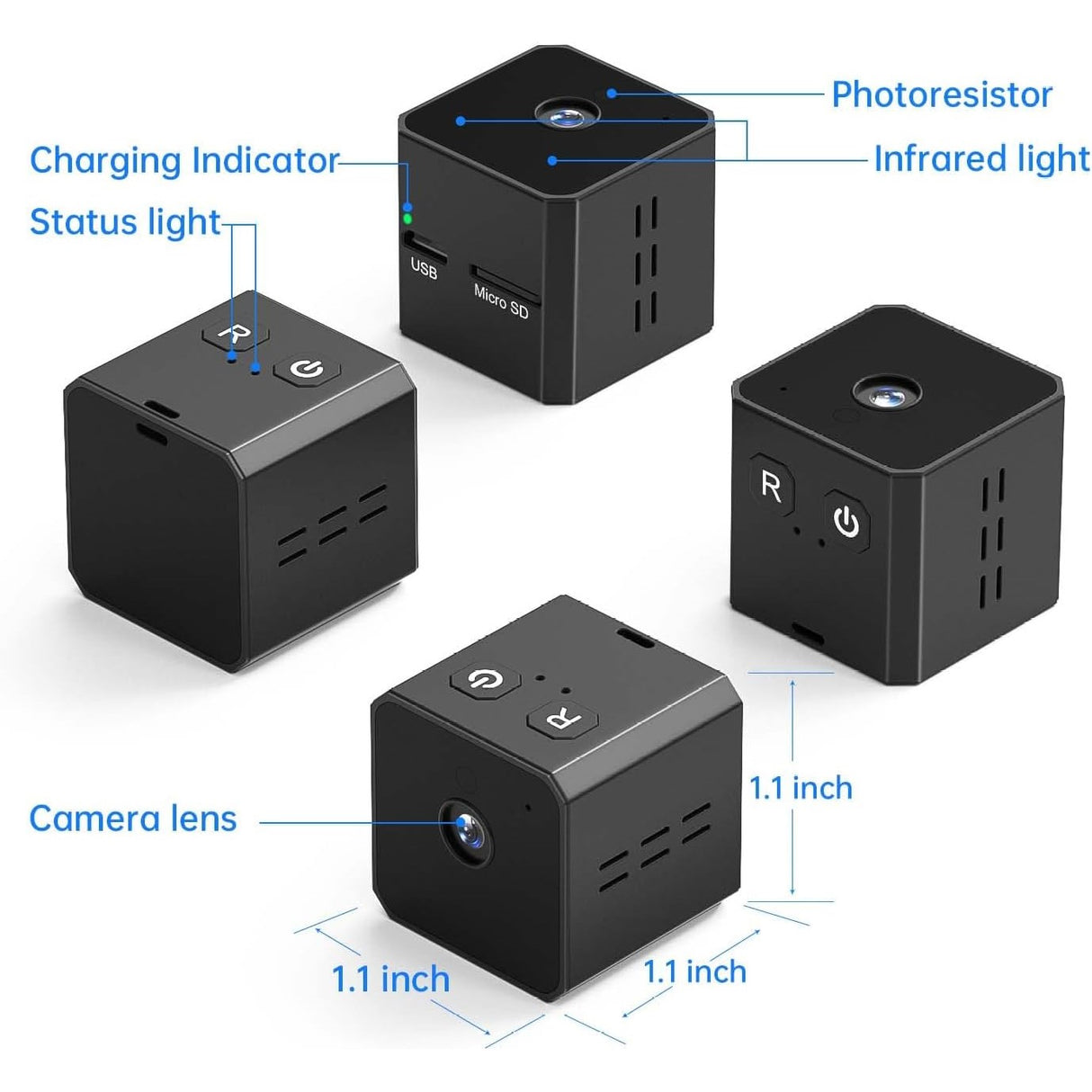 Multi-view diagram of SpyWfi mini travel Cube Camera labeling the lens, controls, and connection ports (USB, Micro SD