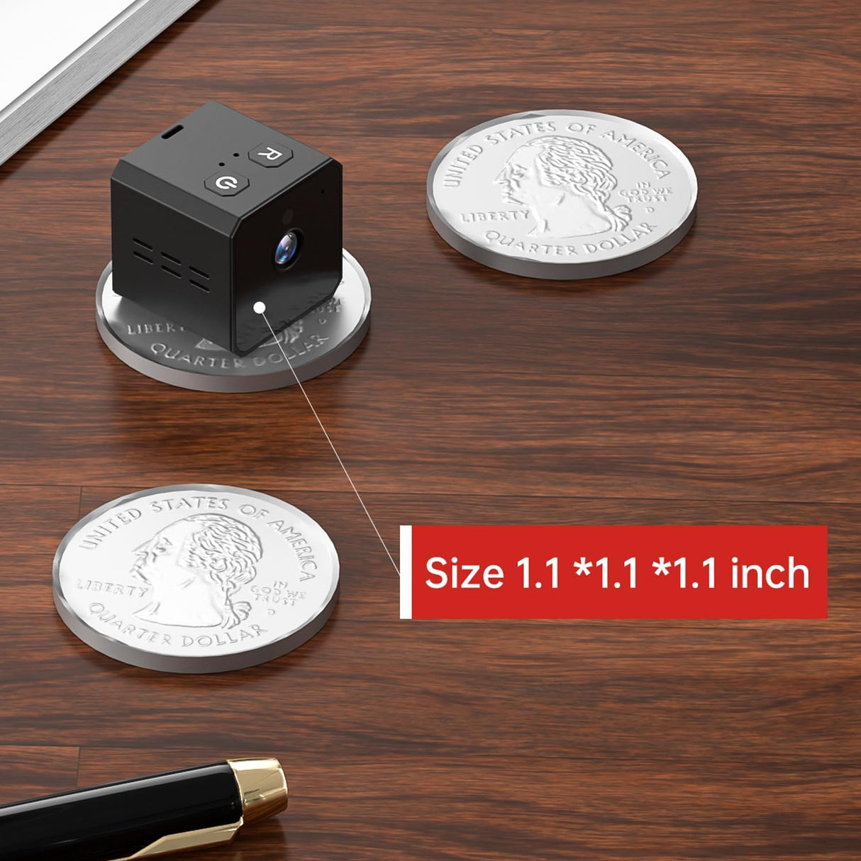 SpyWfi mini travel Cube Camera placed on a US quarter dollar coin to show its tiny 1.1-inch size