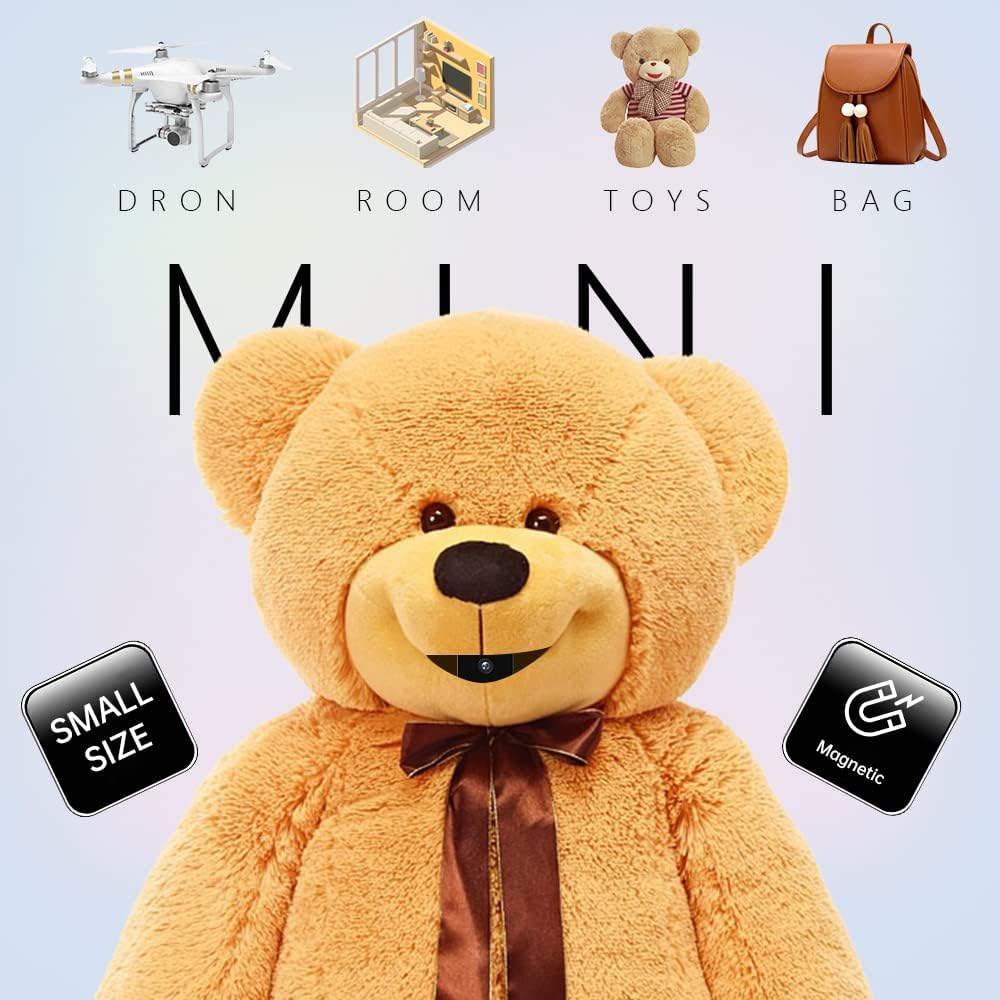 Large teddy bear with the SpyWfi mini Cube camera hidden in its mouth and to other things, demonstrating the camera's small size