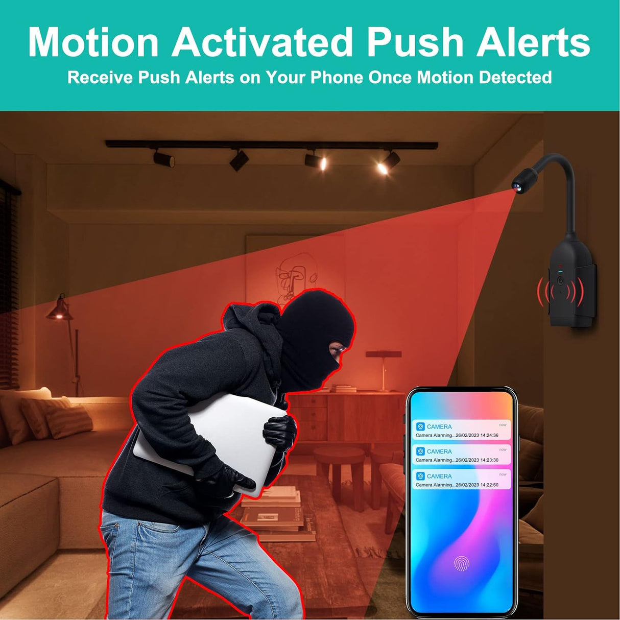 Graphic showing Burglar being detected by SpyWfi 360º Bendable Security Camera and how it pushes alerts on your smartphone