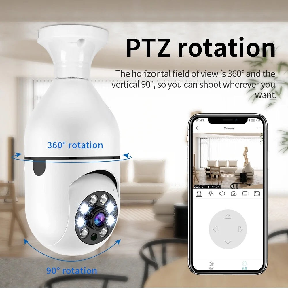 PTZ rotation of SpyWfi Auto Tracking PTZ Night Vision Lightbulb Security Camera 1080p HD WiFi with 360 horizontal and 90 vertical rotation