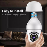 Graphic showing easy installation of SpyWfi Auto Tracking PTZ Night Vision Lightbulb Security Camera 1080p HD WiFi