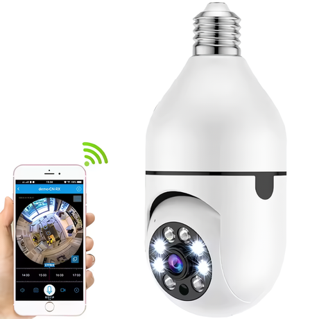 A white lightbulb security camera with night vision security camera and Auto Tracking PTZ, connected to a smartphone via WiFi, indicating remote monitoring capabilities.