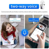Graphic showing two way voice feature of SpyWfi Auto Tracking PTZ Night Vision Lightbulb Security Camera 1080p HD WiFi