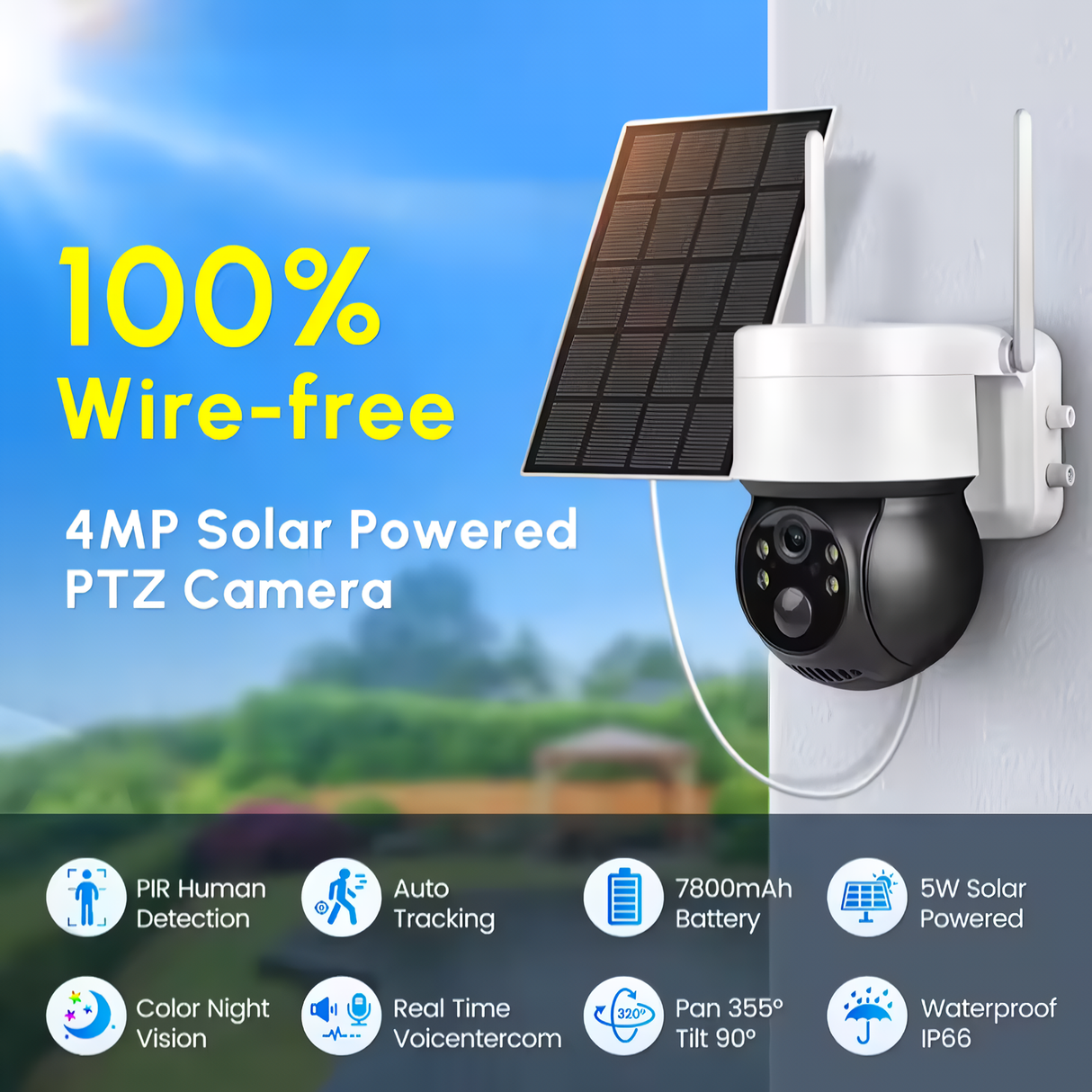 Graphic showing features of SpyWfi Night Vision Solar Security Camera 2K and solar panel installed outdoor 