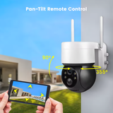 Graphic showing pan-tilt remote control features of SpyWfi Night Vision Solar Security Camera 2K through smartphone app