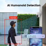 Graphic showing AI Humanoid detection feature of SpyWfi Auto Tracking PTZ Night Vision Wall Security Camera 4K UHD WiFi with real time alerts on smartphone app