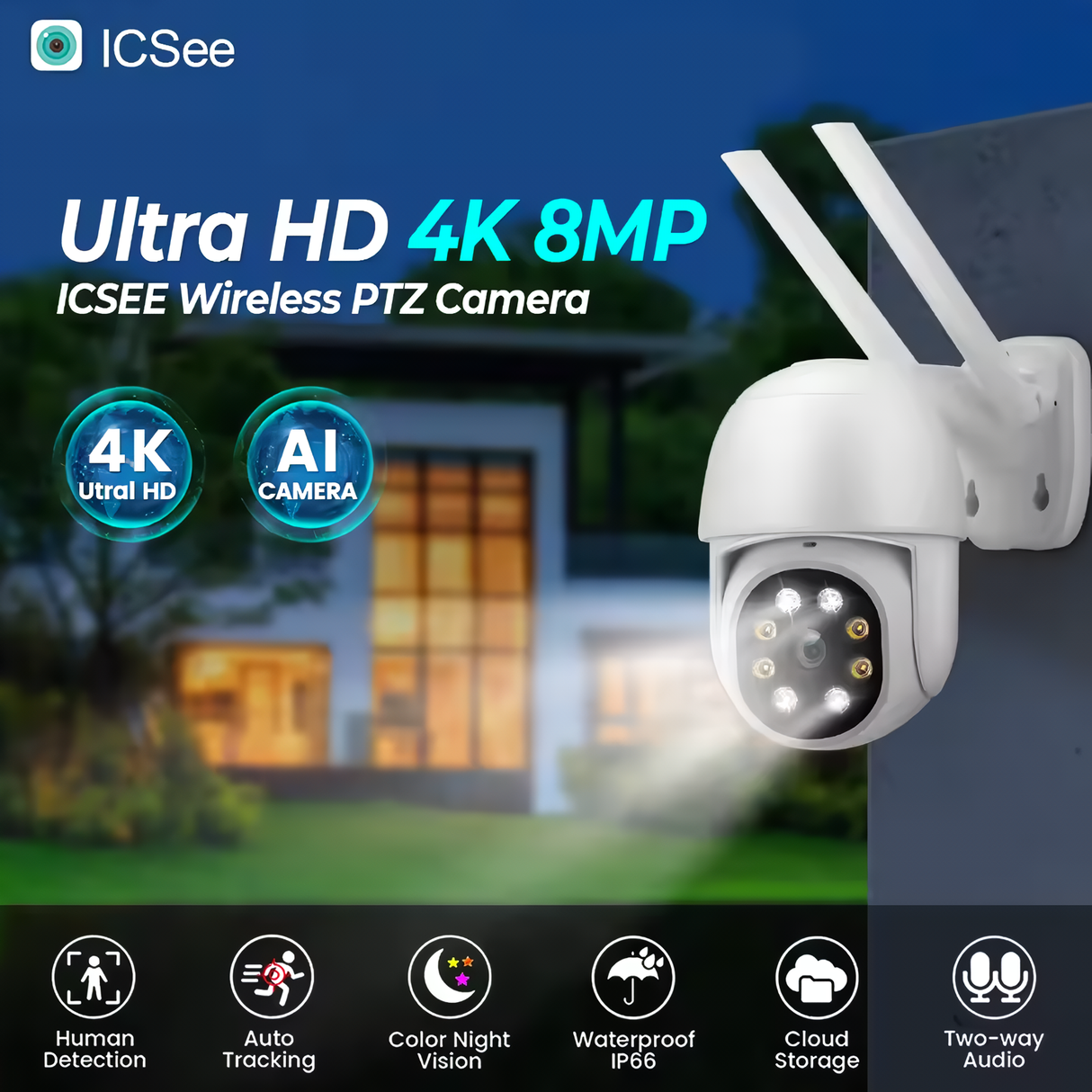 Graphic showing multiple features of SpyWfi Wall Security Camera 4K 