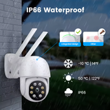 Grahpic showing SpyWfi Wall Security Camera 4K installed to an outdoor wall while raining to highlight its waterproof feature