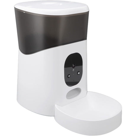 A white SpyWfi Automatic Pet Feeder with built-in security 1080P Camera