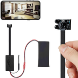 A small black SpyWfi Spy 4K Camera with hidden motion detection and night vision, shown with its components and a visual representation of its footage on a smartphone screen.