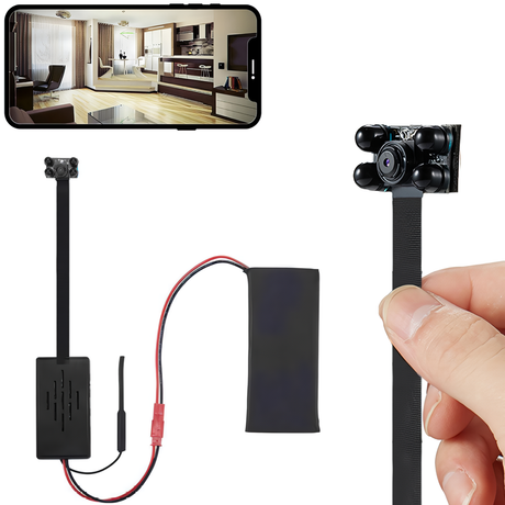 A small black SpyWfi Spy 4K Camera with hidden motion detection and night vision, shown with its components and a visual representation of its footage on a smartphone screen.