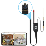 A small, SpyWfi DIY SpyWfi DIY Hidden Motion Detection Spy 1080P camera with a red button and wire connection, displaying a live feed on a smartphone screen.