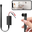 a SpyWfi Hidden Motion Detection Wide Lens Spy 4K Camera with a flexible ribbon cable, shown next to a smartphone displaying the live video feed of a nursery room