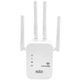 A white SpyWfi dual band internet signal repeater with four antennas, displaying 2.4G and 5G WiFi signals.