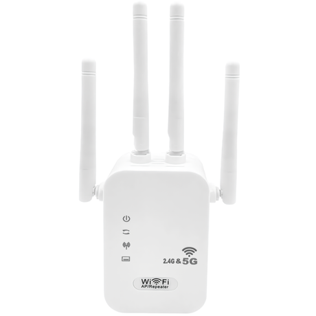 A white SpyWfi dual band internet signal repeater with four antennas, displaying 2.4G and 5G WiFi signals.