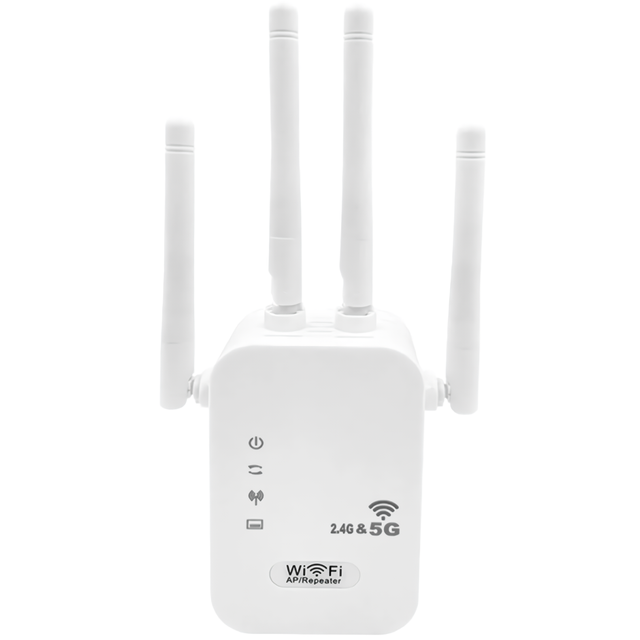 A white SpyWfi dual band internet signal repeater with four antennas, displaying 2.4G and 5G WiFi signals.