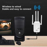 Graphic featuring wireless to wired feature of SpyWfi Dual Band Internet Signal Repeater 