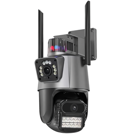 A black SpyWfi Dual Lens 4K Security Camera with two antennas
