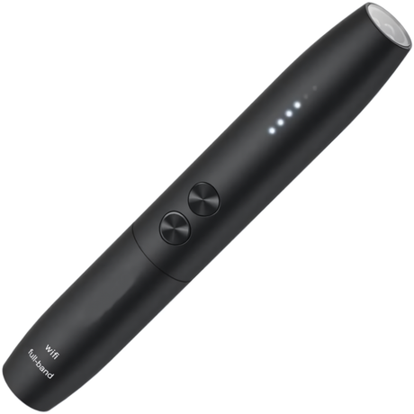 Black SpyWfi Mini Pen, a hidden camera and wireless signal bug detector with buttons and LED indicators.