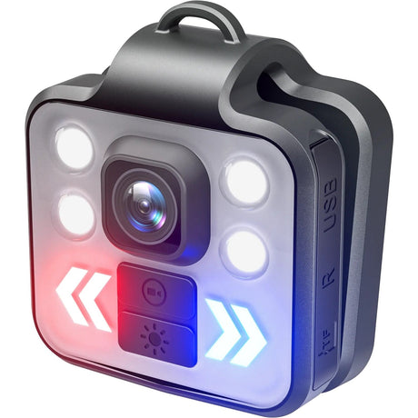 A mini Rechargeable LED Waterproof Body 1080P Camera branded rechargeable with indicator lights and buttons on the front.