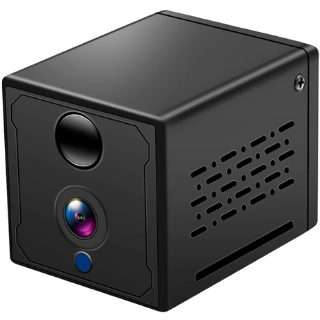 A small black cube-shaped spy camera with night vision from SpyWfi 