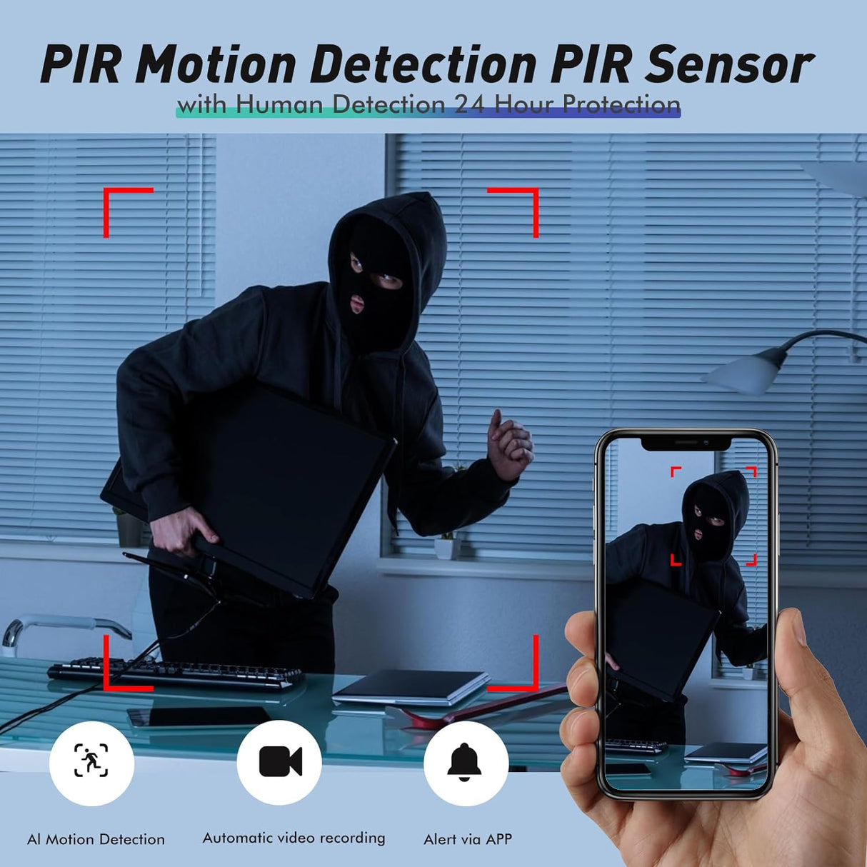 Graphic featuring the PIIR Motion Detection Sensor of SpyWfi Mini Travel Cube Hidden Night Vision Spy Camera 2K HD WiFi where you can detect motion and receive alerts in real time from your smartphone