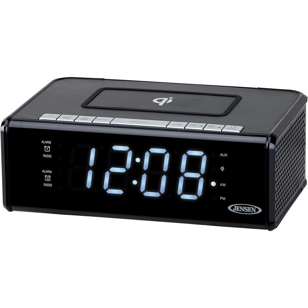 A black clock radio with a digital display with Hidden Night Vision Spy Camera and phone charger from SpyWfi 