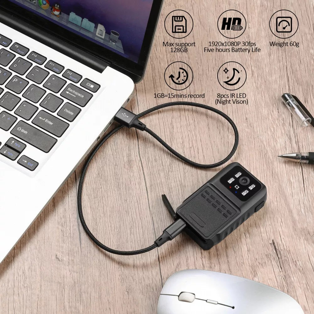 Graphic showing SpyWfi Rechargeable Night Vision Police Body Camera 1080p HD WiFi connected to a laptop and its Multiple features