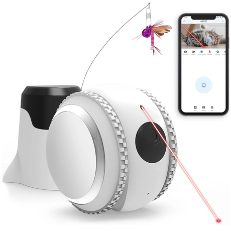 A white rolling pet monitoring robot with night vision and a camera, connected to a smartphone app.