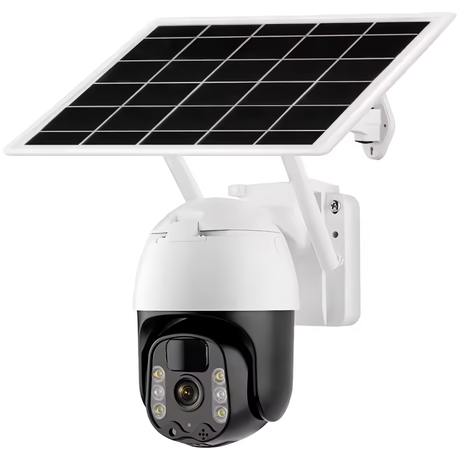 A white SpyWfi Surveillance security camera with a solar panel attached on top 