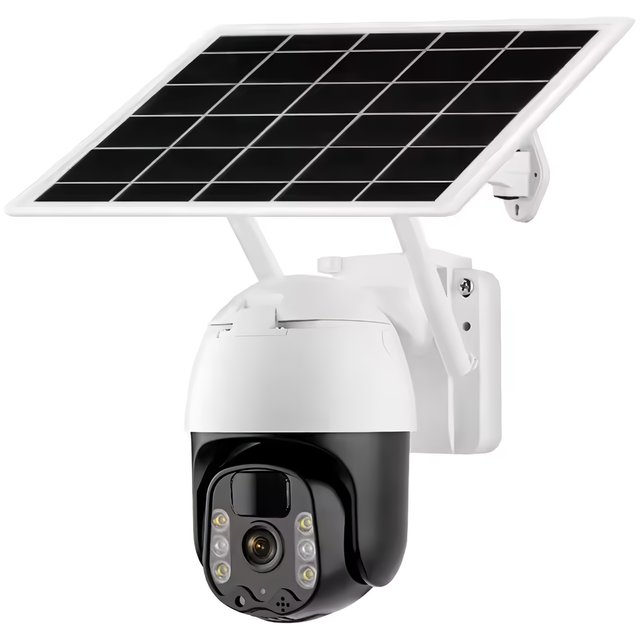 A white SpyWfi Surveillance security camera with a solar panel attached on top 