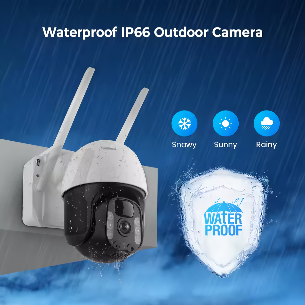 Weatherproof feature of SpyWfi Solar PTZ Auto Tracking Night Vision Security Camera 2K UHD WiFi designed to withstand snowy, sunny and rainy days 