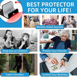 Collage showing six scenarios for SpyWfi USB-C Phone Charger Hidden Motion Detection Spy Camera, including monitoring pets, protecting family, and catching thieves