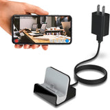 Phone displaying the feed from a SpyWfi  Hidden Motion Detection Spy Camera disguised as USB-C charging dock