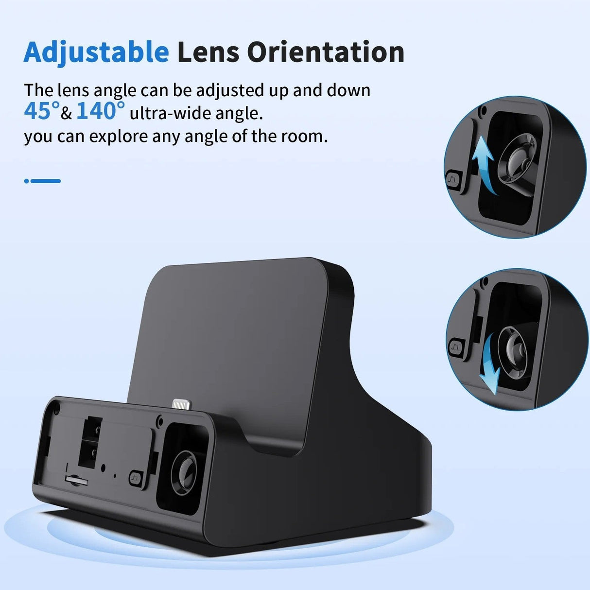 Adjustable lens orientation of SpyWfi USB-C iPhone Charger Hidden Motion Detection Night Vision Spy Camera 2K HD WiFi which can be adjusted up and down 45 and 140 degree ultra wide angle