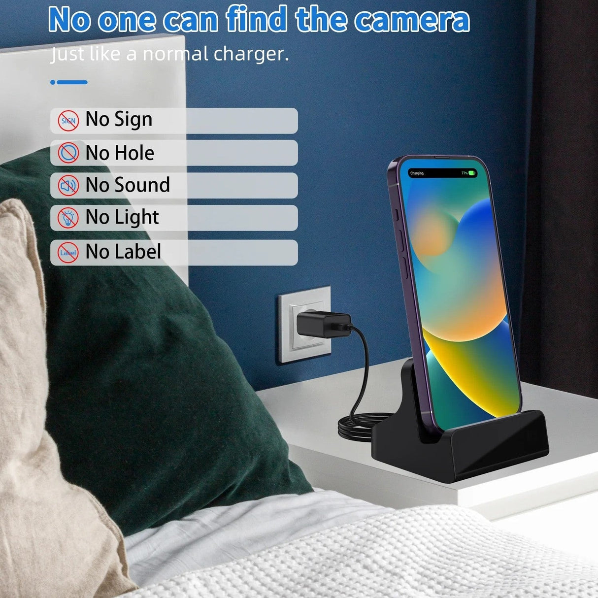 SpyWfi USB-C iPhone Charger Hidden Motion Detection Night Vision Spy Camera 2K HD WiFi disguised as normal phone charger - no sign, hole, sound, light or label