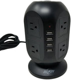 A black SpyWfi USB and outlet hub with hidden motion detection spy camera designed to look like a practical device for charging multiple items.