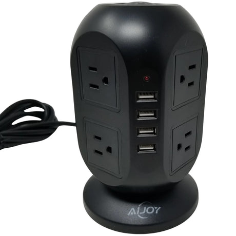 A black SpyWfi USB and outlet hub with hidden motion detection spy camera designed to look like a practical device for charging multiple items.