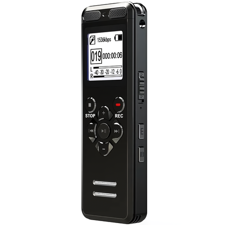 A black SpyWfi voice activated rechargeable audio recorder with a digital display and buttons for recording