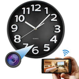 A black wall clock with Hidden Motion Detection Spy Camera, connected to a smartphone for monitoring via WiFi