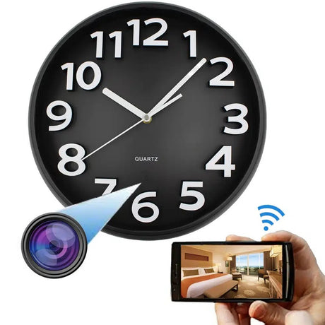 A black wall clock with Hidden Motion Detection Spy Camera, connected to a smartphone for monitoring via WiFi