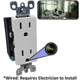 SpyWfi Working Plug Outlet with Hidden camera lens and a smartphone showing the live feed of a living room