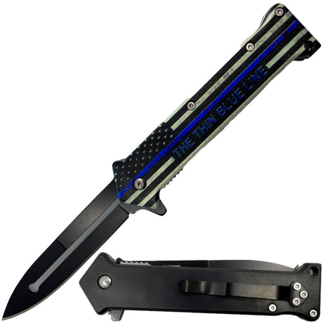 A black 3.5" stainless steel folding pocket knife with a stiletto-style blade and 'THE THIN BLUE LINE' design on the handle, shown both open and folded.